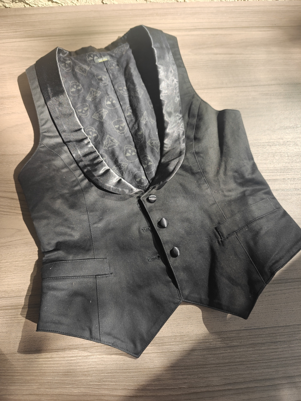 Japanese Brand Gemini Skull Black Satin-Lapel Waistcoat Vest